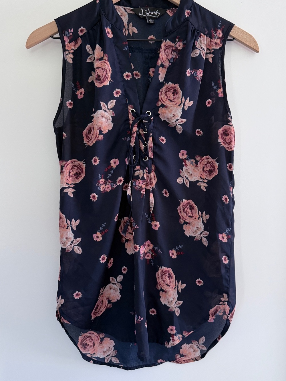 J For Justify Floral Lace-Up Blouse Navy Sleeveless Top | Size S